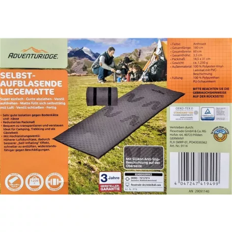 Adventuridge SLIM 180 x 60 x 3.5 cm önfelfújó matrac 100% poliészter huzattal, 100% poliuretán hab töltettel, kék / szürke / türkiz
