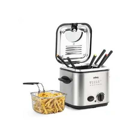 Ambiano MDF-1 inox, nemesacél fondü - fritőz, 1.2 literes 840W mini olajsütő, 1 - 2 személyes fritőz fix, tapadásmentes üsttel, fondue készlettel (839696)