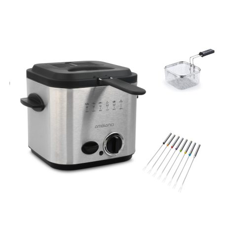 Ambiano MDF-1 inox, nemesacél fondü - fritőz, 1.2 literes 840W mini olajsütő, 1 - 2 személyes fritőz fix, tapadásmentes üsttel, fondue készlettel (839696)