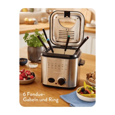 Ambiano MDF-1 inox, nemesacél fondü - fritőz, 1.2 literes 840W mini olajsütő, 1 - 2 személyes fritőz fix, tapadásmentes üsttel, fondue készlettel (839696)