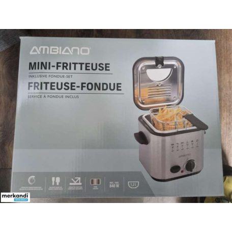 Ambiano MDF-1 inox, nemesacél fondü - fritőz, 1.2 literes 840W mini olajsütő, 1 - 2 személyes fritőz fix, tapadásmentes üsttel, fondue készlettel (839696)
