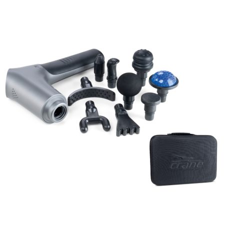 CRANE Fitness ANS-24-014 Fascia masszázspisztoly, akkus, vezeték nélküli masszírozó pisztoly 8-féle cserélhető fejjel, 20 fokozattal, hordtáskával, hűsítőgéles masszázsfejjel