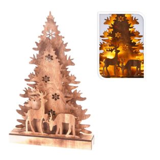   Decorative Lightning Fenyőfa és Szarvas 24 x 5 x 38 cm 3D LED-es natúr fa karácsonyi dekoráció, világító karácsonyi dísz 16 db melegfehér LED-el