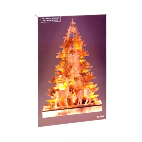 Decorative Lightning Fenyőfa és Szarvas 24 x 5 x 38 cm 3D LED-es natúr fa karácsonyi dekoráció, világító karácsonyi dísz 16 db melegfehér LED-el