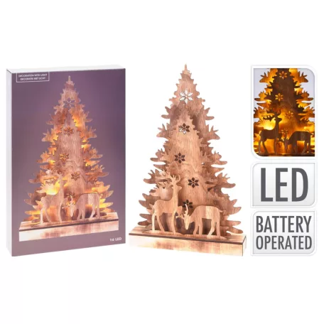 Decorative Lightning Fenyőfa és Szarvas 24 x 5 x 38 cm 3D LED-es natúr fa karácsonyi dekoráció, világító karácsonyi dísz 16 db melegfehér LED-el