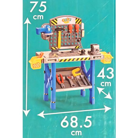 Addo Play Busy Me Plastic Workbench, műanyag játék munkapad, 45 részes gyermek szerelőasztal 6 szerszámmal + elemes fúróval 68 x 75 x 43 cm