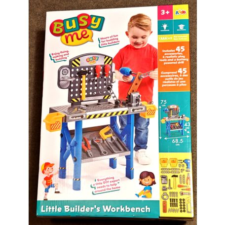 Addo Play Busy Me Plastic Workbench, műanyag játék munkapad, 45 részes gyermek szerelőasztal 6 szerszámmal + elemes fúróval 68 x 75 x 43 cm