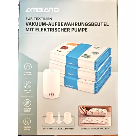 Ambiano NP-VS-BWP Vacuum Storage Bag Set 12 darabos (4 db 35x35 cm, 4 db 40x60 cm, 4 db 50x70 cm) vákuumos tárolótasak, tárolózsák, ruhazsák készlet elektromos szivattyúval