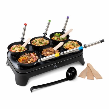 Ambiano WK-1 asztali Woklette grillező, 2 az 1-ben 1500W elektromos wok és palacsintasütő készlet 6 db tapadásmentes mini wok serpenyővel és fa spatulával