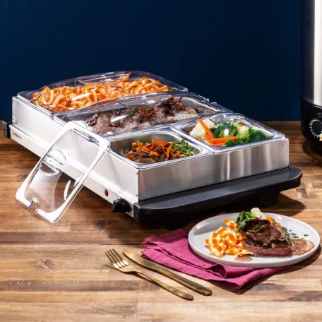 Ambiano 827922 / SilverCrest SBW 300 A1 Buffet Warmer 64 x 14 x 36 cm nemesacél, inox 7 literes 300W ételmelegítő, büfé melegentartó, büfétálaló, szervírozó lap 4 rekesszel, fedőkkel