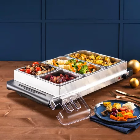 Ambiano 827922 / SilverCrest SBW 300 A1 Buffet Warmer 64 x 14 x 36 cm nemesacél, inox 7 literes 300W ételmelegítő, büfé melegentartó, büfétálaló, szervírozó lap 4 rekesszel, fedőkkel