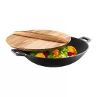 Ambition Iron 32 cm öntöttvas WOK serpenyő bevonat nélkül, fa fedővel, két hordfüllel (68602)