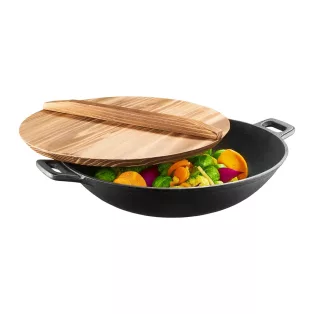   Ambition Iron 32 cm öntöttvas WOK serpenyő bevonat nélkül, fa fedővel, két hordfüllel (68602)