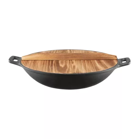 Ambition Iron 32 cm öntöttvas WOK serpenyő bevonat nélkül, fa fedővel, két hordfüllel (68602)