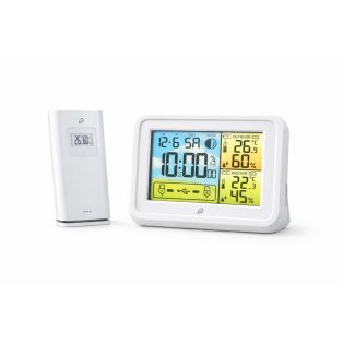   Auriol HG-07051B (IAN 353517) fehér DCF rádióvezérelt vezeték nélküli időjárás állomás színes LCD kijelzővel, 2 db USB porttal, 100 m hatótávolságú vezeték nélküli kültéri egységgel és hálózati adapterrel