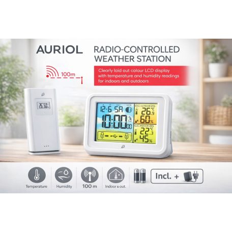 Auriol HG-07051B (IAN 353517) fehér DCF rádióvezérelt vezeték nélküli időjárás állomás színes LCD kijelzővel, 2 db USB porttal, 100 m hatótávolságú vezeték nélküli kültéri egységgel és hálózati adapterrel