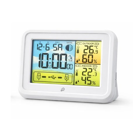 Auriol HG-07051B (IAN 353517) fehér DCF rádióvezérelt vezeték nélküli időjárás állomás színes LCD kijelzővel, 2 db USB porttal, 100 m hatótávolságú vezeték nélküli kültéri egységgel és hálózati adapterrel