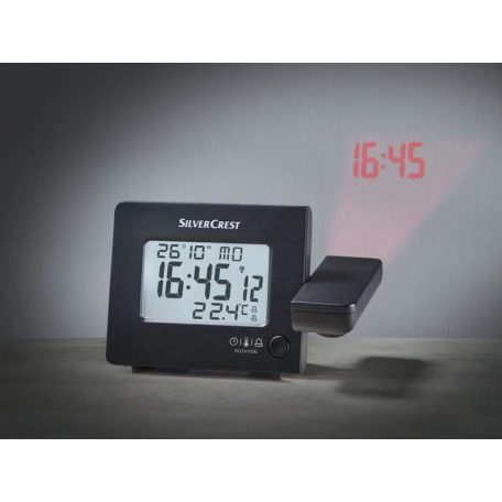 Auriol / SilverCrest SFPW 360 B1 BK DCF rádióvezérelt projektoros óra, kivetítős ébresztőóra és hőmérő USB töltővel, folyamatos kivetítéssel (fekete)