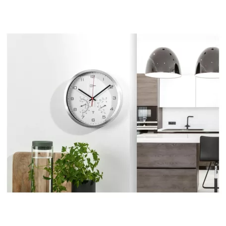 Livarno Home / Auriol DCF WH inox rádióvezérelt analóg, mechanikus falióra, szálcsiszolt alumínium kerettel, páratartalom mérővel és hőmérővel, fehér számlappal