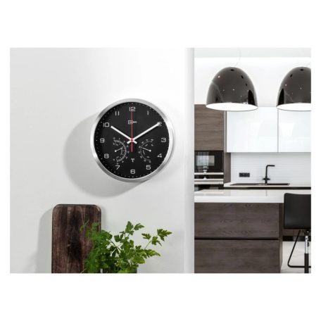 Auriol / Livarno Home DCF BK inox rádióvezérelt analóg, mechanikus falióra, szálcsiszolt alumínium kerettel, páratartalom mérővel és hőmérővel, fekete számlappal