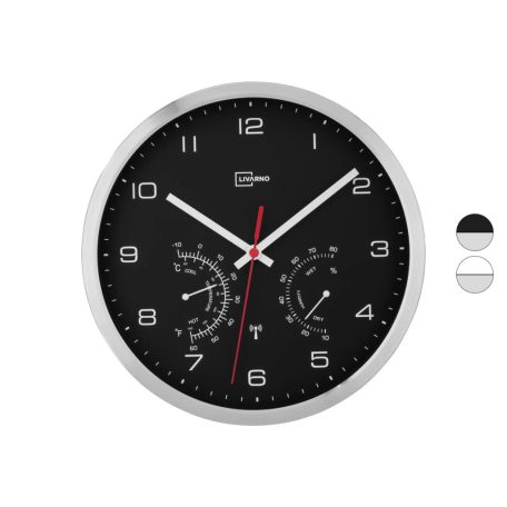 Auriol / Livarno Home DCF BK inox rádióvezérelt analóg, mechanikus falióra, szálcsiszolt alumínium kerettel, páratartalom mérővel és hőmérővel, fekete számlappal