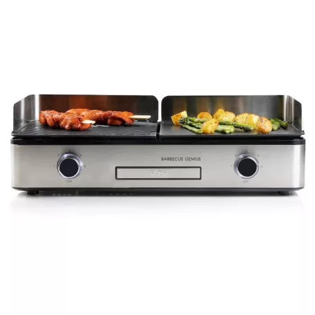 Barbecue Chef Grill / DOMO BBQ DO9252G Genius 2 zónás 2400W asztali elektromos grill, 56 x 50 cm inox grillsütő dupla sütőlappal, szélfogóval
