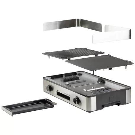 Barbecue Chef Grill / DOMO BBQ DO9252G Genius 2 zónás 2400W asztali elektromos grill, 56 x 50 cm inox grillsütő dupla sütőlappal, szélfogóval