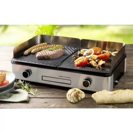 Barbecue Chef Grill / DOMO BBQ DO9252G Genius 2 zónás 2400W asztali elektromos grill, 56 x 50 cm inox grillsütő dupla sütőlappal, szélfogóval