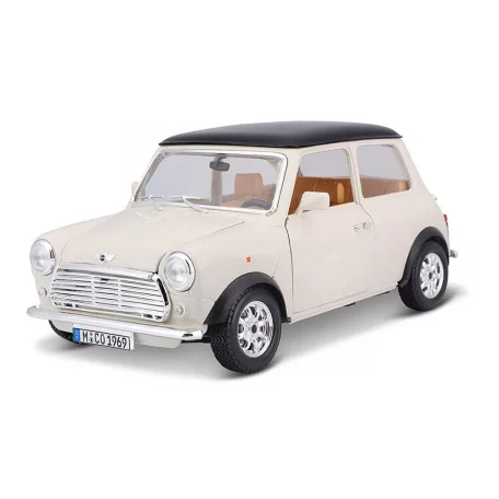 Bburago Premium Edition 1/18 Mini Cooper (1969 ) 17 cm kormányozható, fehér (bézs) fém autó modell, nyitható ajtókkal és motorháztetővel