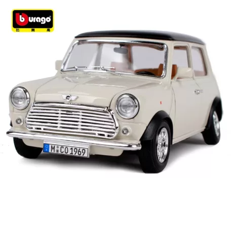 Bburago Premium Edition 1/18 Mini Cooper (1969 ) 17 cm kormányozható, fehér (bézs) fém autó modell, nyitható ajtókkal és motorháztetővel
