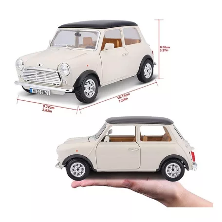 Bburago Premium Edition 1/18 Mini Cooper (1969 ) 17 cm kormányozható, fehér (bézs) fém autó modell, nyitható ajtókkal és motorháztetővel