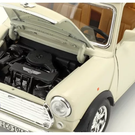 Bburago Premium Edition 1/18 Mini Cooper (1969 ) 17 cm kormányozható, fehér (bézs) fém autó modell, nyitható ajtókkal és motorháztetővel