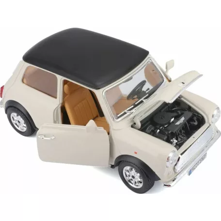 Bburago Premium Edition 1/18 Mini Cooper (1969 ) 17 cm kormányozható, fehér (bézs) fém autó modell, nyitható ajtókkal és motorháztetővel