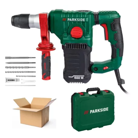 Bontott, HIBÁS ParkSide PBH 1550 C1 FR 1550W 5J SDS Plus fúrógép, ütvefúró, fúrókalapács kofferben (véső funkció nélkül, csak fúrásra és ütvefúrásra alkalmas)