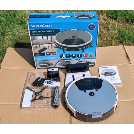 HASZNÁLT, javított újszerű SilverCrest SSRA 1 LIDL Home WIFI-s SMART intelligens automata robotporszívó virtuális fallal, napi programozással, távirányítóval bontott csomagolásban, új akkuval