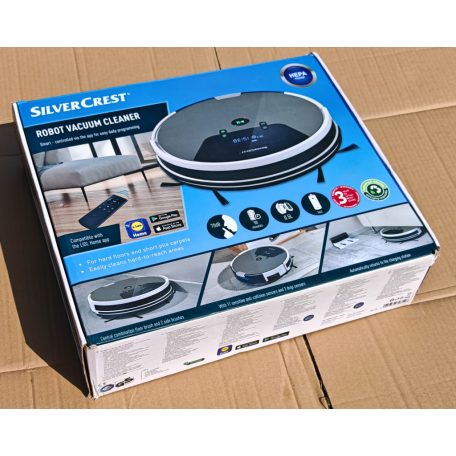 HASZNÁLT, javított újszerű SilverCrest SSRA 1 LIDL Home WIFI-s SMART intelligens automata robotporszívó virtuális fallal, napi programozással, távirányítóval bontott csomagolásban, új akkuval