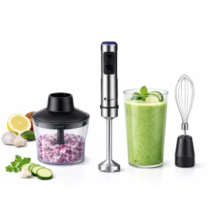  Bergner MasterPro BGMP-9424 inox, nemesacél 1200W prémium botmixer szett, rúdmixer készlet 600 ml aprítóval, 800 ml keverőpohárral és habverővel, fekete