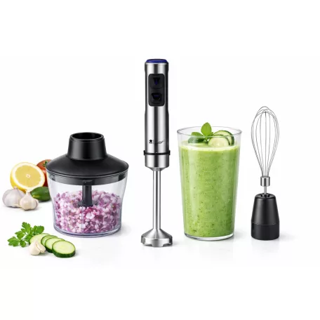 Bergner MasterPro BGMP-9424 inox, nemesacél 1200W prémium botmixer szett, rúdmixer készlet 600 ml aprítóval, 800 ml keverőpohárral és habverővel, fekete