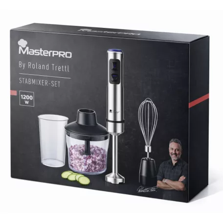 Bergner MasterPro BGMP-9424 inox, nemesacél 1200W prémium botmixer szett, rúdmixer készlet 600 ml aprítóval, 800 ml keverőpohárral és habverővel, fekete