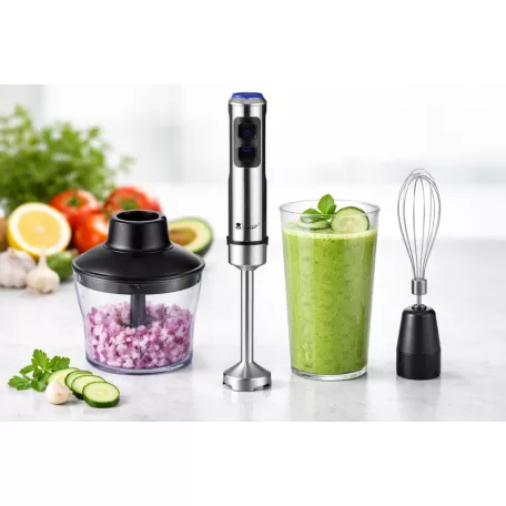 Bergner MasterPro BGMP-9424 inox, nemesacél 1200W prémium botmixer szett, rúdmixer készlet 600 ml aprítóval, 800 ml keverőpohárral és habverővel, fekete