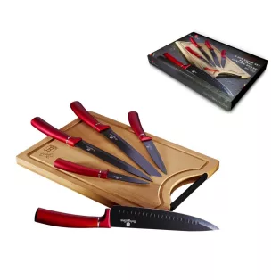   Berlinger Haus Black Metallic Line Burgundy Edition 6 részes rozsdamentes acél késkészlet kerámia (márvány) bevonattal, 6 db kés bambusz vágódeszkával, exkluzív díszdobozban