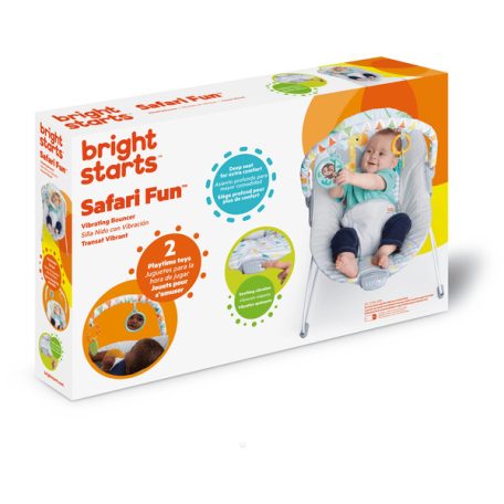 Bright Starts Safari Fun Vibrating Bouncer elemes, rezgő baba pihenőszék, 48 x 53 x 42 cm újszülött babafotel szafari mintával 0 - 6 hónapos korban 9 kg testsúlyig