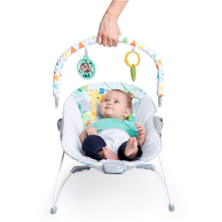 Bright Starts Safari Fun Vibrating Bouncer elemes, rezgő baba pihenőszék, 48 x 53 x 42 cm újszülött babafotel szafari mintával 0 - 6 hónapos korban 9 kg testsúlyig