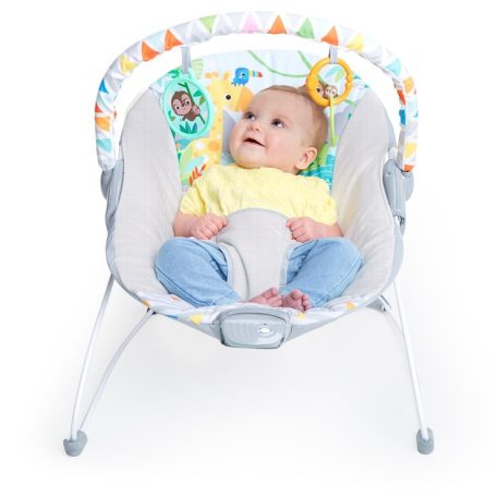 Bright Starts Safari Fun Vibrating Bouncer elemes, rezgő baba pihenőszék, 48 x 53 x 42 cm újszülött babafotel szafari mintával 0 - 6 hónapos korban 9 kg testsúlyig