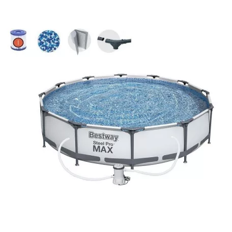 Bestway 56416 BAHAMA XL Superior Grey Steel Pro MAX szürke 366 x 76 cm fémvázas 6,5 m3 kerti medence szett vízforgatóval, védőtakaróval és talajtakaróval