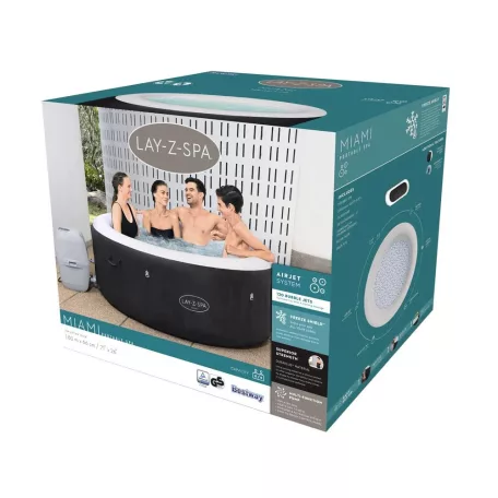 Bestway 60001 Lay-Z-Spa Whirlpool Miami AirJet 2 - 4 személyes felfújható jakuzzi 180 x 66 cm, 120 fúvókával, fedővel, fűtéssel és ChemConnect adagolóval