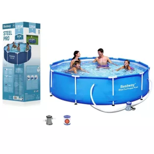   Bestway Málta / Maui Steel Pro 305 x 76 cm kék / fehér fémvázas kerti medence szett vízforgatóval (56679)