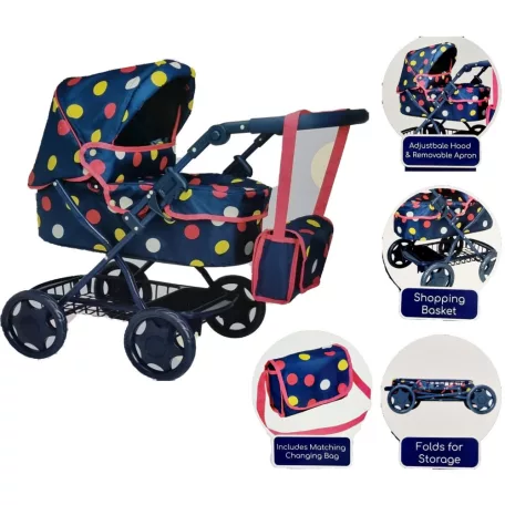 Baby Chic Junior Dolls Pram, kék játék babakocsi rózsaszín szegéllyel, színes pöttyökkel, gyerekeknek, játékbabák számára