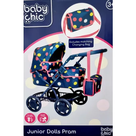 Baby Chic Junior Dolls Pram, kék játék babakocsi rózsaszín szegéllyel, színes pöttyökkel, gyerekeknek, játékbabák számára