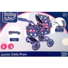 Baby Chic Junior Dolls Pram, kék játék babakocsi rózsaszín szegéllyel, színes pöttyökkel, gyerekeknek, játékbabák számára